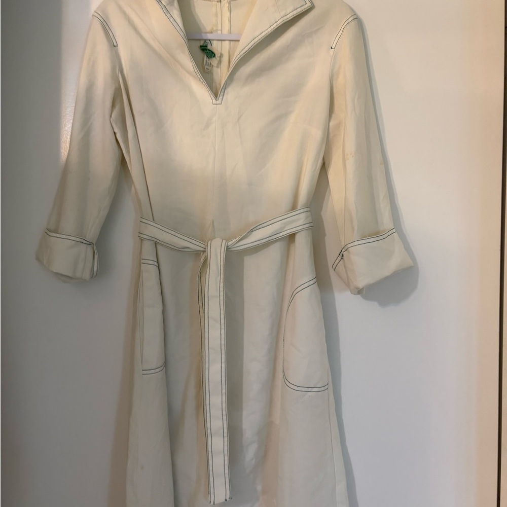 Creamy White 3/4 Cuffed Sleeve Dress w/Pockets & Double Green Piping
